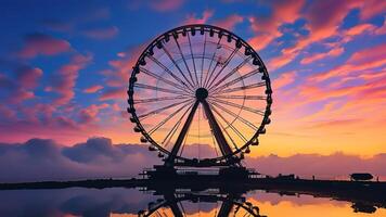 Ferris wheel at sunset reflecting in water photo