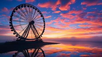 Ferris wheel at sunset reflecting in water photo