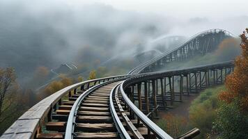 Foggy mountain roller coaster track photo