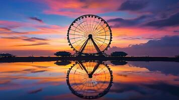 Ferris wheel reflecting in water at sunset photo