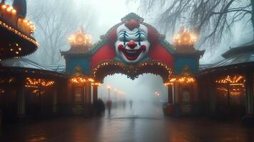 Foggy amusement park entrance with creepy clown photo