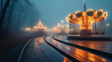 Foggy amusement park at night photo