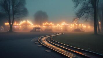 Foggy night at amusement park with carousel lights photo