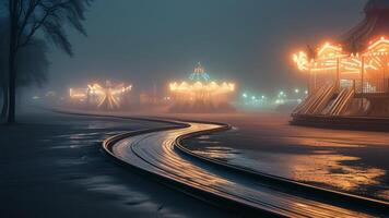 Foggy night at an amusement park photo