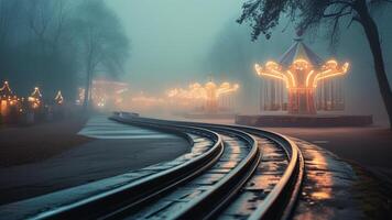 Foggy night at amusement park with carousel photo