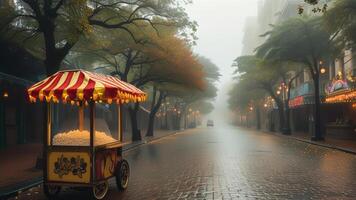 Foggy street scene with a vintage popcorn cart photo