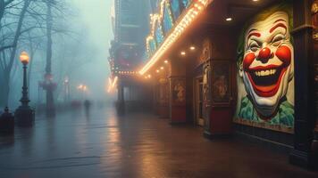 Foggy night, circus building, clown poster photo