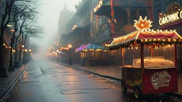 Foggy street with popcorn cart and amusement park photo