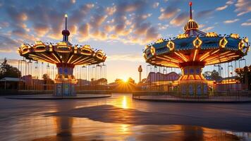 Golden hour illuminates two illuminated carousels at sunset. photo