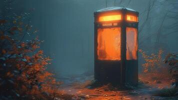 Glowing phone booth in a misty forest photo