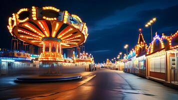 Illuminated carousel at night amusement park photo