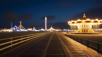 Illuminated boardwalk, carousel, and Ferris wheel at night. photo