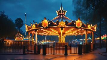 Illuminated carousel at night in amusement park photo