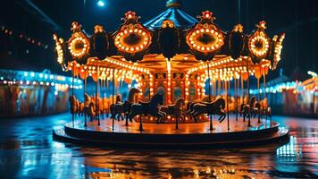 Illuminated carousel at night photo
