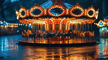 Illuminated carousel at night, reflecting in wet pavement. photo