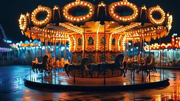 Illuminated carousel at night photo