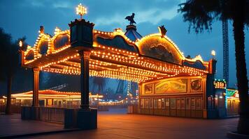 Illuminated carousel entrance at night photo