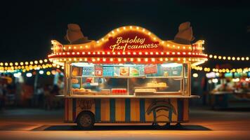 Illuminated food stall at night market. photo