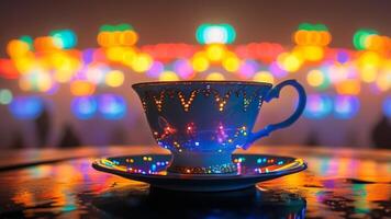 Illuminated teacup with bokeh lights background photo