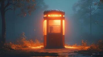 Luminous phone booth in a misty forest at night. photo