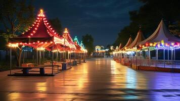 Illuminated stalls and rides at night. photo