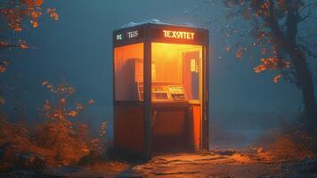 Lonesome phone booth in a foggy forest at night. photo