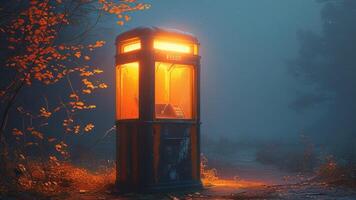 Luminous phone booth in a misty forest at night. photo