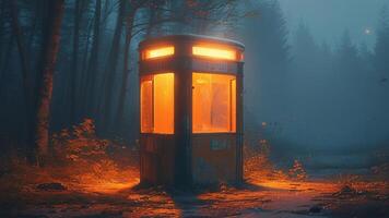 Luminous phone booth in a misty forest at night. photo