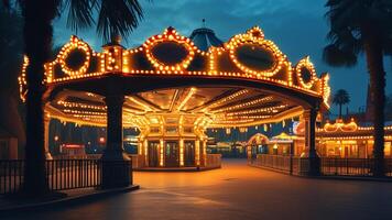 Magical carousel glowing at dusk. Fairytale, amusement park, fun. photo