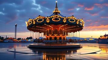 Magical carousel at dusk, reflecting in water. photo
