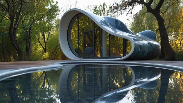 Modern architecture, curved building, pool reflection photo