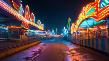 Neon lights illuminate an empty amusement park at night. photo