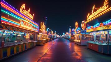 Neon lights illuminate a funfair at night. photo
