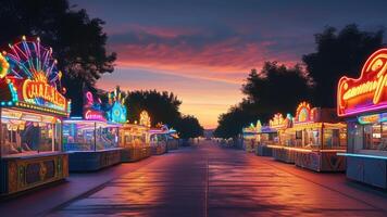 Neon lights illuminate a funfair at sunset. photo