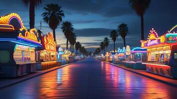 Neon lights illuminate a carnival street at night. photo