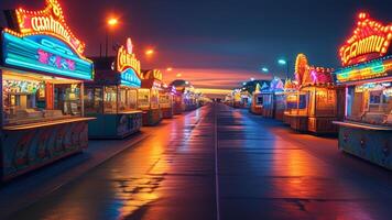 Neon lights illuminate an empty amusement park at night. photo