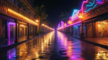 Neon lights reflecting on a wet street at night. photo