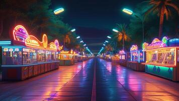 Neon lit arcade street at night photo