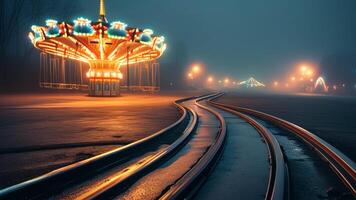 Night carousel in fog, empty amusement park photo