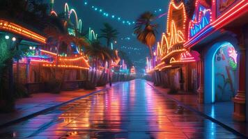 Neon lit street at night, reflecting in wet pavement. photo