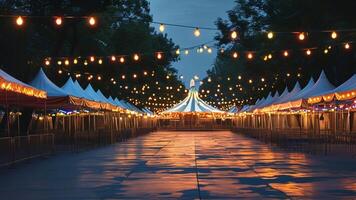 Night carnival scene with lights and tents photo