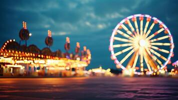 Night carnival scene with Ferris wheel and rides photo