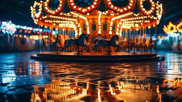 Night carousel reflecting in a puddle photo