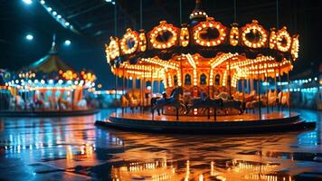 Night carousel with lights reflecting in puddles. photo