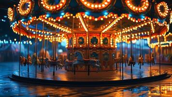 Night carousel with lights and horses photo
