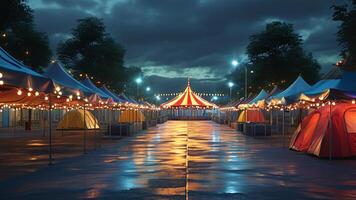 Night carnival scene with tents and lights photo