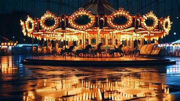 Night carousel with lights reflecting in puddles. photo