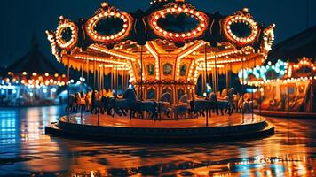 Night carousel with lights reflecting on wet ground photo