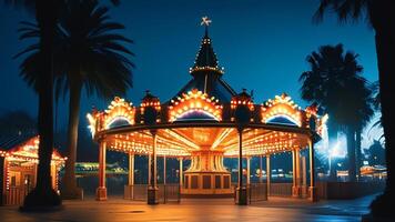 Night carousel, illuminated, palm trees photo
