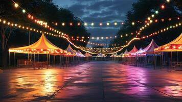 Night market with colorful tents and lights photo